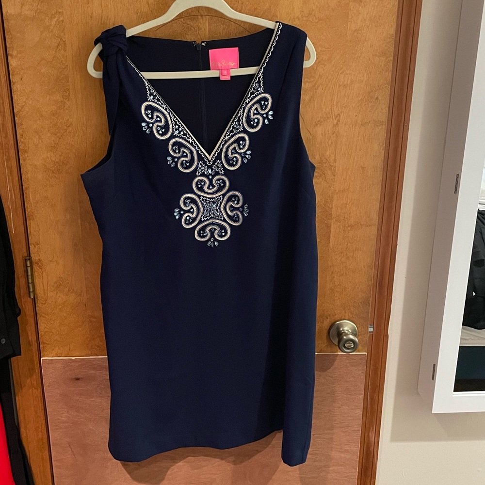 Lilly Pulitzer Navy Blue Embroidered V-Neck Mini Dress - Picture 2 of 6